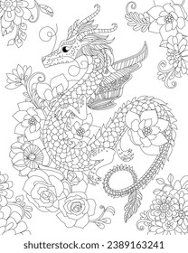 Farbbuchseite für Erwachsene und Kinder. Fantasy-Drache mit Flügeln umgeben Blumen. feines Tier im blühenden Garten. Märchen. Schwarz-Weiß-Tattoo