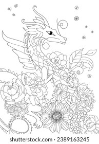 coloring book page for adults and children. Fantasy dragon with wings surrounded flowers. lovely fancy fairy tale animal flying in blooming garden. 