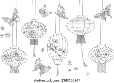 coloring book page for adults and children. hanging decorated with flowers chinese lanterns and flying butterflies