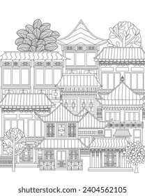 coloring book page for adults and children. Chinese town with ancient oriental buildings and trees. cityscape with ornate detailed houses