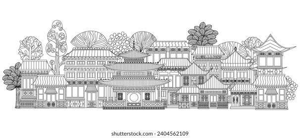 coloring book page for adults and children. Chinese town with ancient oriental buildings and trees. panorama cityscape with ornate detailed houses