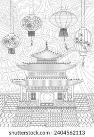 coloring book page for adults and children. an ancient Chinese building against abstract fantasy doodle background. pagoda with hanging asian festival lanterns