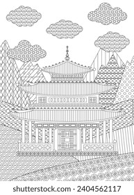 coloring book page for adults and children. mountain landscape with an ancient Chinese building. a black and white outline illustration of pagoda