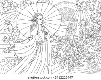 coloring book page for adults and children. dreaming Asian young woman in mountain scenery with sunrise. A couple of birds sitting on the blooming branches of a cherry tree