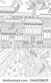 coloring book page for adults and children. autumn street of cute houses with fancy square and falling leaves