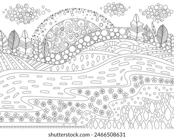 coloring book page for adults and children. sunrise over rural landscape with fields, blooming meadows. trees