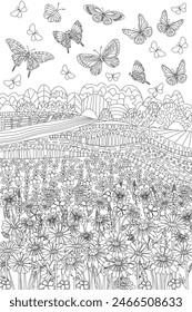 coloring book page for adults and children. rural landscape with blooming fields and flying butterflies