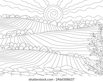 página de libro para colorear para adultos y niños. amanecer sobre el paisaje rural con colinas y campos