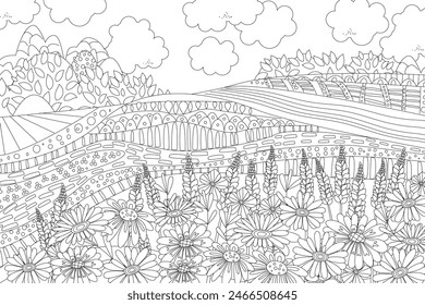 coloring book page for adults and children. cloudy rustic scenic with blooming meadow, fields and bushes