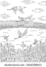 coloring book page for adults and children. cloudy landscape with flying flock of cranes above lake surrounded by bushes