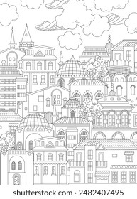 coloring book page for adults and children. cloudy scenery european town