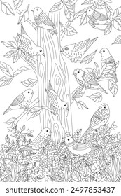 coloring book page for adults and children. cheerful little birds perching on branches of tree