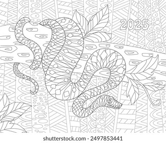 coloring book page for adults and children. little snake coiled around a branch of tree against abstract geometric pattern. Happy Chinese New Year 2025