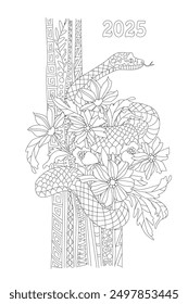 coloring book page for adults and children. snake with flowers coiled around an abstract  ethnic pattern trunk of tree. Sign of Chinese new year 2025