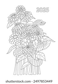 coloring book page for adults and children. snake coiled around a bouquet of wildflowers. Sign of Chinese new year 2025