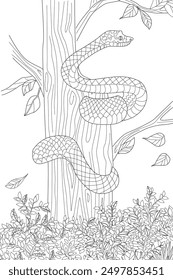 Página de libro para colorear para adultos y niños. serpiente enrollada alrededor de un tronco de árbol. Feliz año Nuevo chino 2025