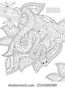 coloring book page for adults and children. snake on tree trunk against abstract fantasy floral background. chinese new year 2025 zodiac sign