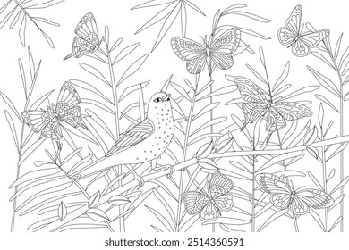 coloring book page for adults and children. bird perching on a tree brunch against forest background surrounded by flying butterflies