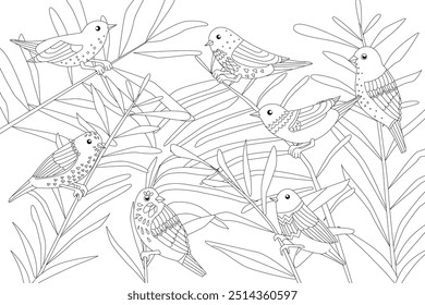 coloring book page for adults and children. little birds perching on leafy plants