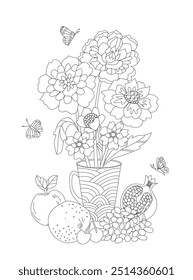 Página de libro para colorear para adultos y niños. flores estilizadas con mariposas. flores de lujo en una taza de té y frutas dulces frescas