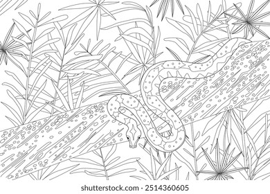 Página de libro para colorear para adultos y niños. serpiente en el tronco del árbol contra el fondo frondoso del bosque tropical