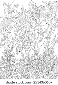 coloring book page for adults and children. snake on tree trunk in tropical forest