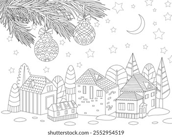 A coloring book page for adults and children, a night snowy town under pine branches decorated with Christmas glass balls. winter cityscape