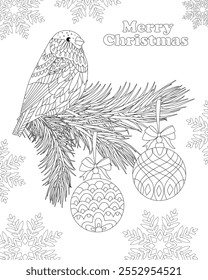 A coloring book page for adults and children with a bullfinch bird sitting on a pine branch decorated with Christmas glass balls. 