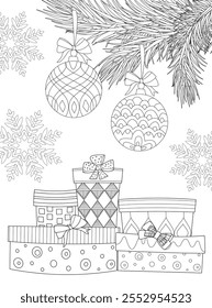 A coloring book page for adults and children, with a heap of gift boxes, tied with ribbon bows, under pine branches decorated with Christmas glass balls.