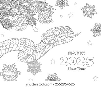 A coloring book page for adults and children, with a snake a symbol of the Chinese new year 2025 under pine branches decorated with Christmas glass balls. 