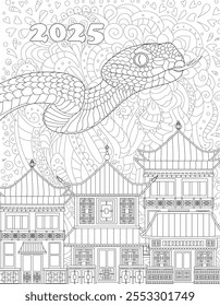 coloring book page for adults and children. cityscape with snake symbol chinese new year 2025 against fancy abstract pattern background