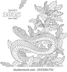 página do livro de colorir para adultos e crianças. árvore folhosa ornamentada abstrata com símbolo de cobra ano novo chinês 2025