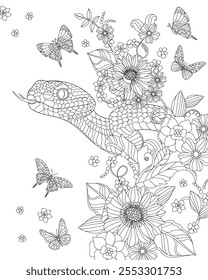 coloring book page for adults and children. lovely fancy floral blooming tree with snake and butterflies