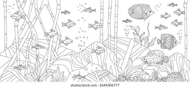página do livro de coloração para adultos e crianças mundo subaquático com algas marinhas, peixes, concha