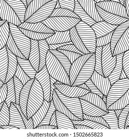 Coloring book page for adults, doodle. Joy to adult colorists, who like art, relax and meditation. Decorative ethnic leaf black and white seamless pattern. 