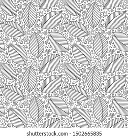 Coloring book page for adults, doodle. Joy to adult colorists, who like art, relax and meditation. Decorative ethnic leaf black and white seamless pattern. 