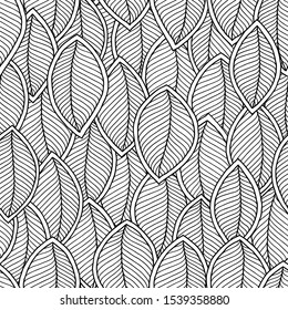 Coloring book page for adults, doodle. Joy to adult colorists, who like art, relax and meditation. Decorative ethnic leaf black and white seamless pattern. 