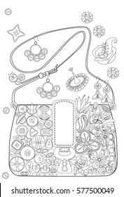 Coloring book page for adults (grown ups). Bag with flowers and buttons.  White background.