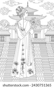 coloring book page for adults and kids. rear view in profile of beautiful chinese girl in traditional dress with flowers against cloudy ancient asian cityscape with trees. Back Side view
