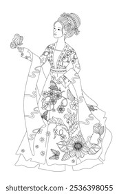 coloring book page for adults and kids. Fashion chinese woman in traditional dress hanfu holding fluttering butterfly