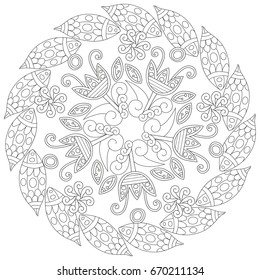 Coloring book page for adults and kids in doodle style. Vector artwork. Good for art therapy, zentangle-style meditation and design of wrapping and textile.