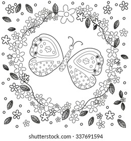 Coloring book page for adults line art creation, flowers and butterfly, relax and meditation vector