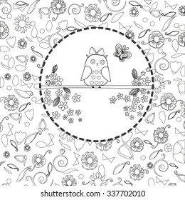 Coloring book page for adults line art creation, owls and flowers, relax and meditation