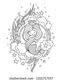 Coloring book page for adults. Little beautiful mermaid, holding her long hair. Vector outline illustration.