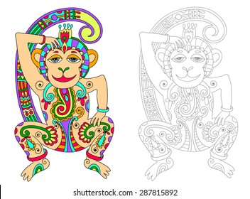 coloring book page for adults with unusual fantastic creature in decorative Ukrainian style, vector illustration of monkey