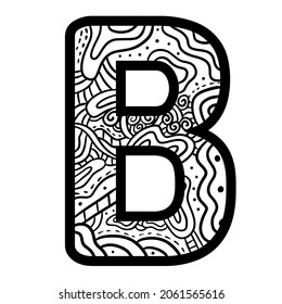 Coloring book page Alphabet for kids with abstract doodle hand drawn style letter B for education, book, kid studies, vektor illustration