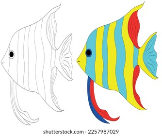 Colorante página del libro conjunto Angelfish. Colección de peces de doodle en blanco y negro. Ilustración vectorial en el estilo de contorno aislado.