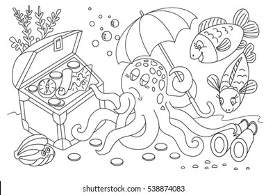 Coloring book page. Animals cartoon. Coloring page outline of cartoon. Vector illustration, coloring book for kids. Doodle page. Children background. Sea creatures drawing. Sea creatures drawing