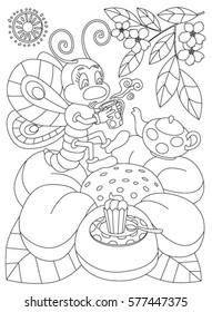 Coloring book page. Animals cartoon. Coloring page outline of cartoon. Butterfly vector illustration, coloring book for kids. Doodle page. Children`s background