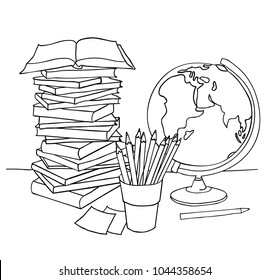 Coloring book page, back to school. Hand drawn sketch in doodle style. Black and white.